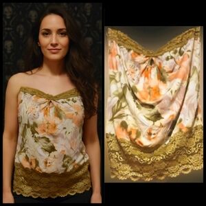 Vtg Y2K Vanity olive grn floral lace strapless keyhole crinkle tube top 1X NWOT